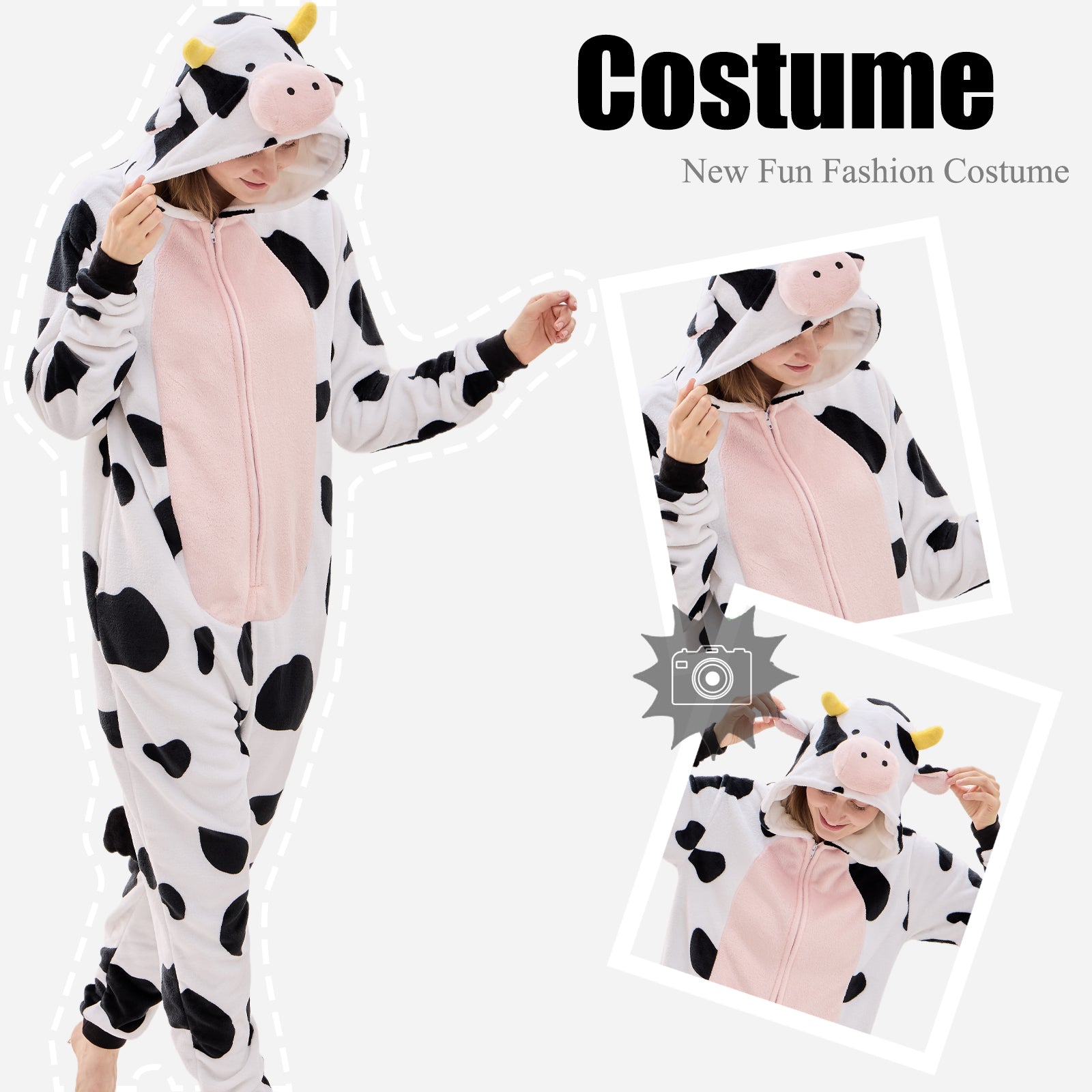 Unisex Adult Onesie Pajamas Cow Animal One Piece Snug Fit Halloween Costume Sleepwear Homewear