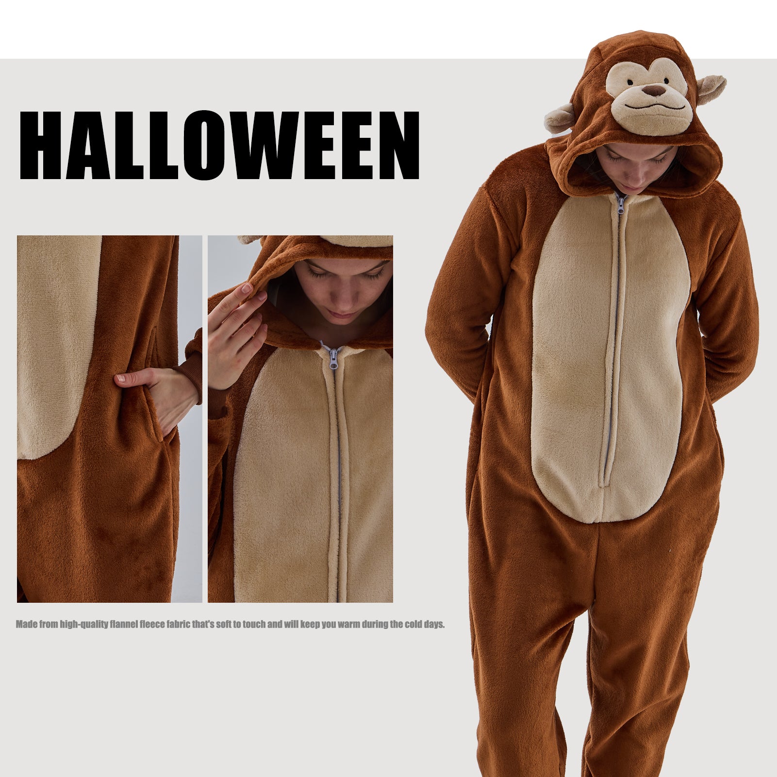Unisex Adult Onesie Pajamas Monkey Animal One Piece Snug Fit Halloween Costume Sleepwear Homewear
