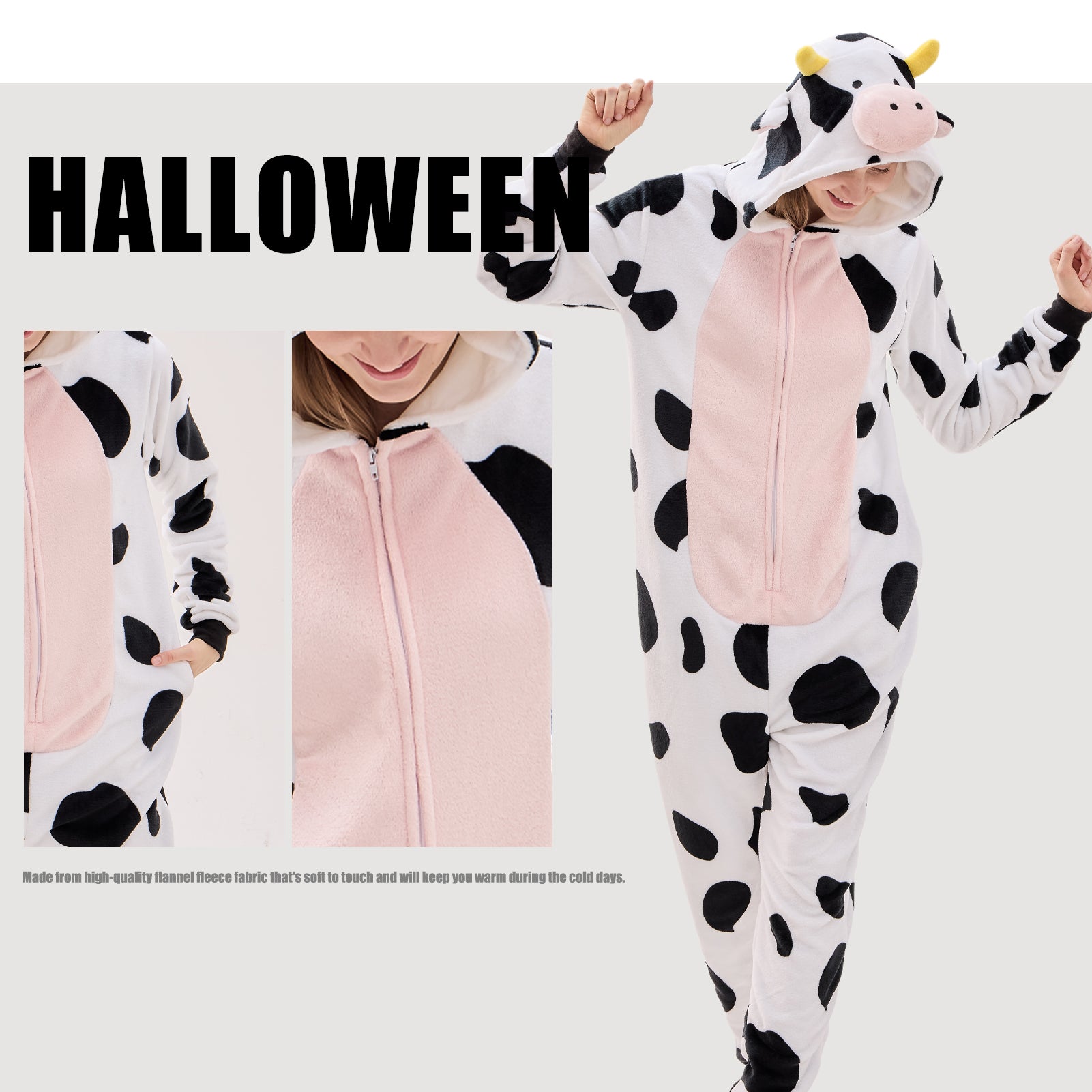 Unisex Adult Onesie Pajamas Cow Animal One Piece Snug Fit Halloween Costume Sleepwear Homewear