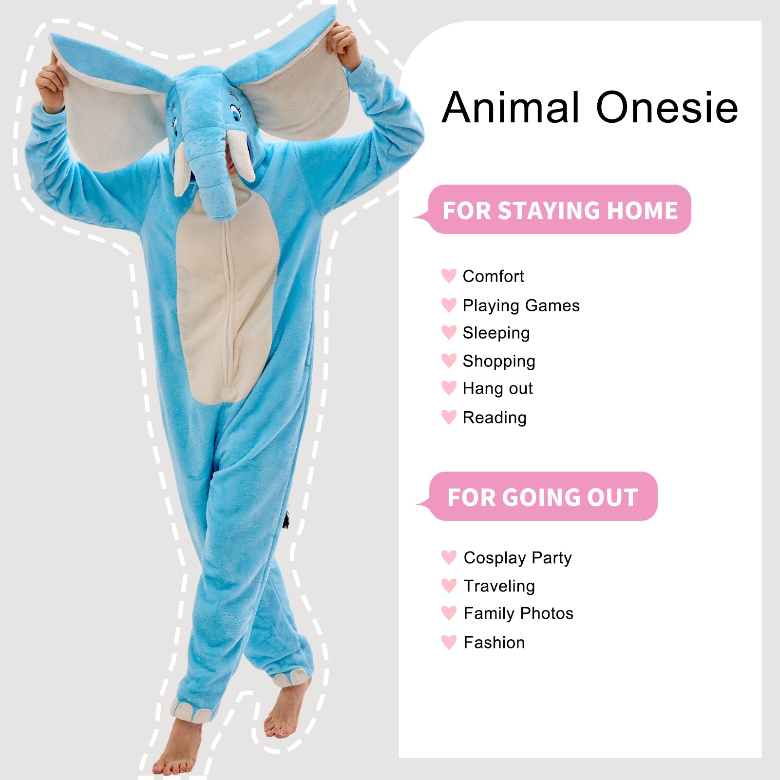 Unisex Adult Onesie Pajamas Elephant Animal One Piece Snug Fit Halloween Costume Sleepwear Homewear