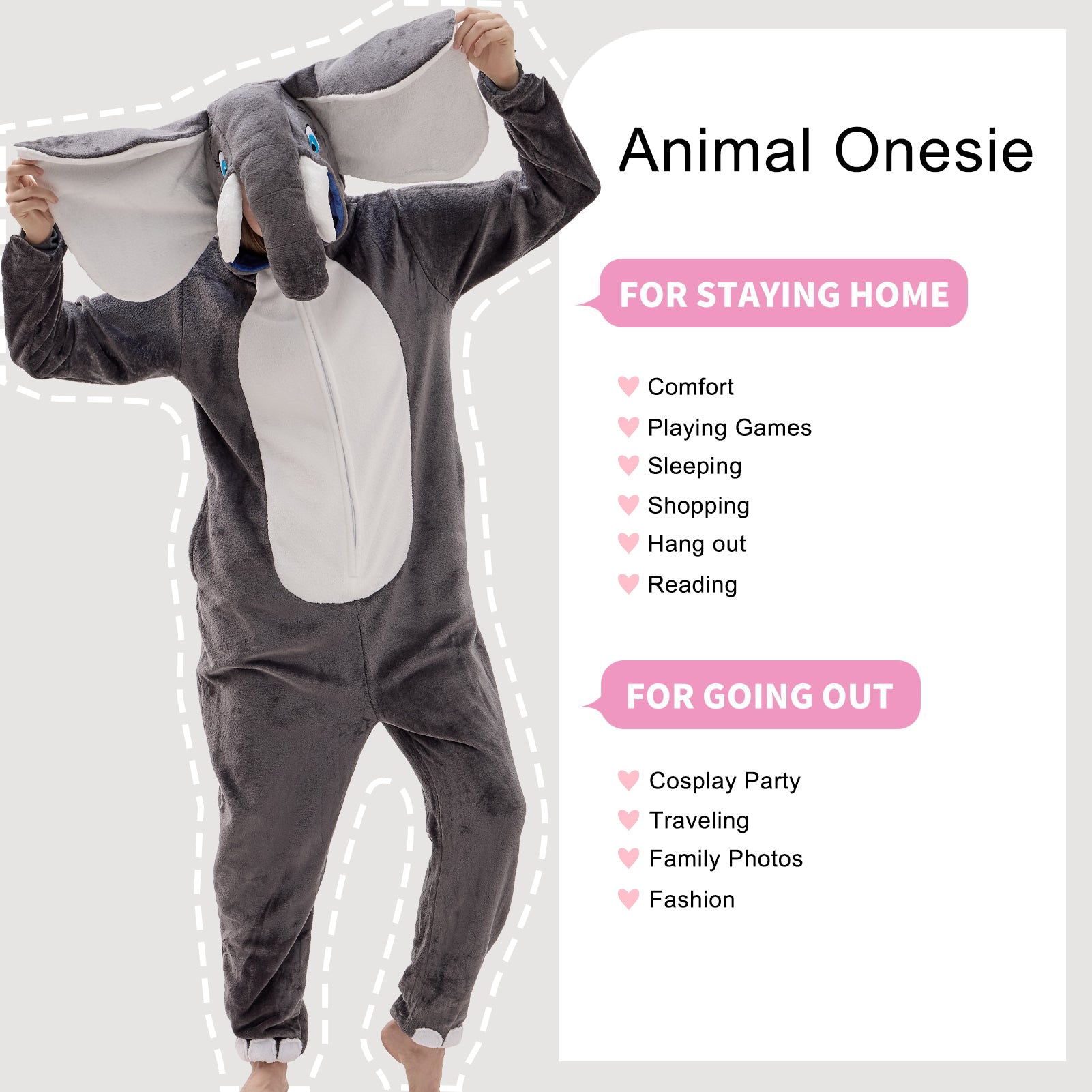 Unisex Adult Onesie Pajamas Elephant Animal One Piece Snug Fit Halloween Costume Sleepwear Homewear